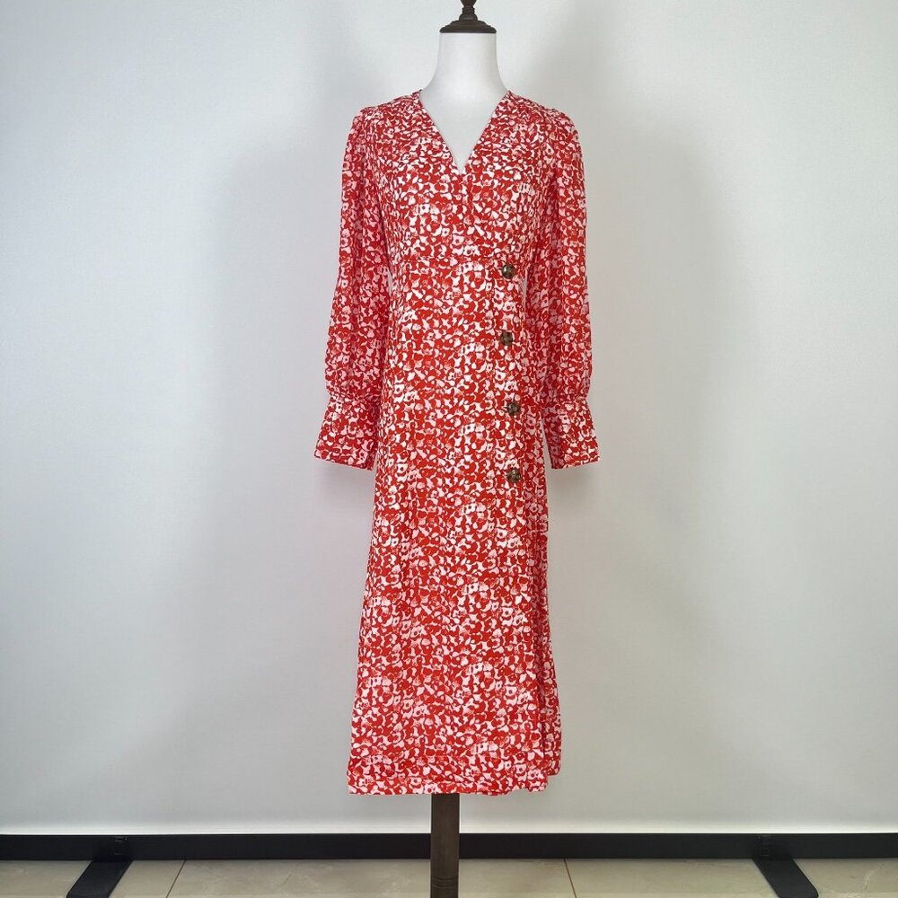 $325 NWT Ganni Floral Crepe Midi Dress Size 36 Orange - Picture 2 of 13